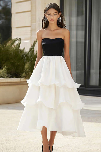 Black and White Chiffon A Line Tiered Long Formal Dress with Ruffles