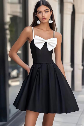 White and Black Satin Short Graduation Dress with Bow