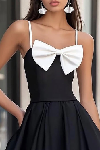 White and Black Satin Short Graduation Dress with Bow