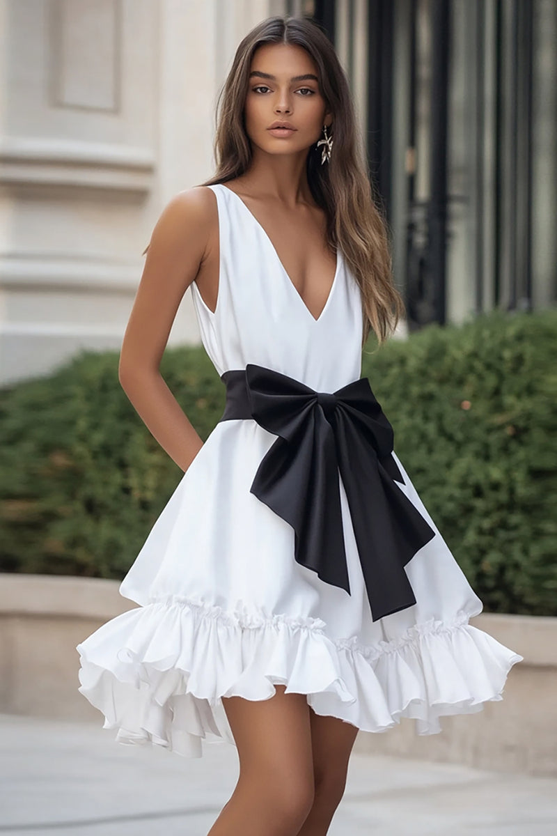 Load image into Gallery viewer, White and Black Ruffled Satin V-Neck Short Graduation Dress with Bow