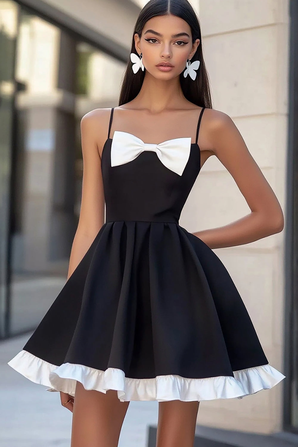 White and Black Satin A Line Short Graduation Dress with Bow