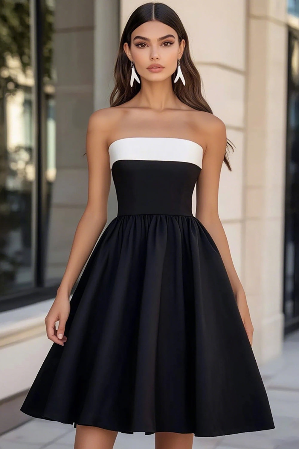 White and Black Strapless A Line Short Graduation Dress