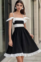 Load image into Gallery viewer, White and Black Satin Spaghetti Straps Short Graduation Dress with Ruffles