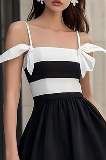 White and Black Satin Spaghetti Straps Short Graduation Dress with Ruffles