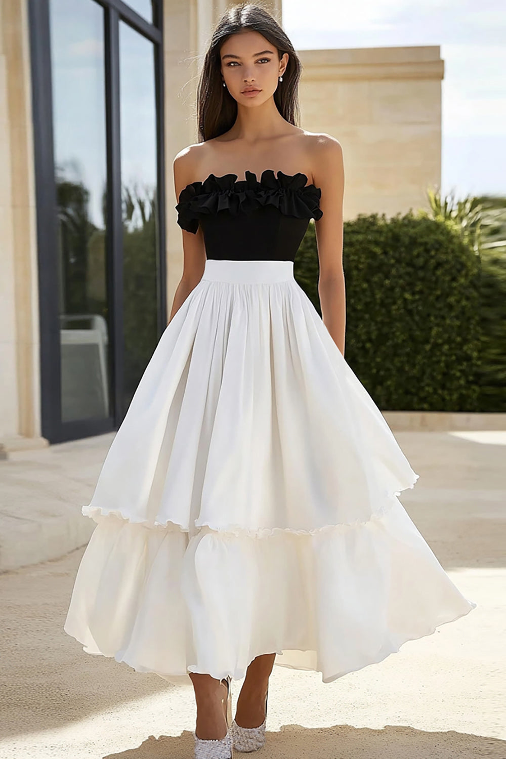 Black and White Tiered A Line Long Formal Dress with Ruffles