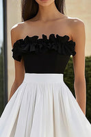 Load image into Gallery viewer, Black and White Tiered A Line Long Formal Dress with Ruffles