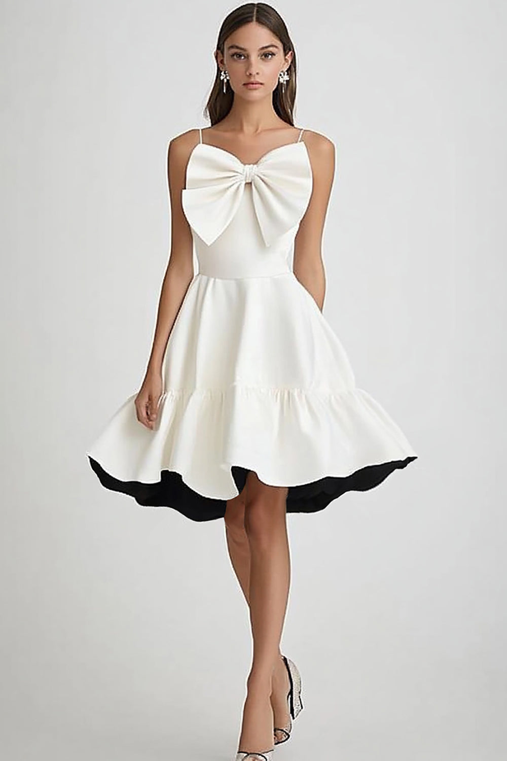 White and Black A Line Ruffled Short Graduation Dress with Bow