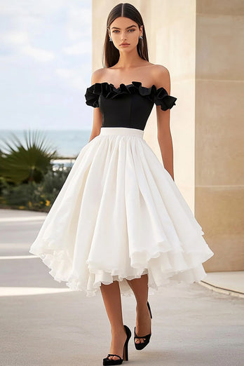 Black White A Line Long Formal Dress with Ruffles
