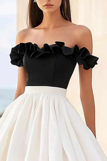 Black White A Line Long Formal Dress with Ruffles