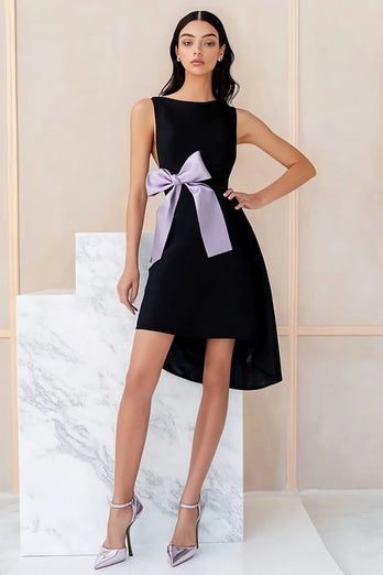 Black Satin A Line Short Graduation Dress with Bow