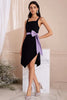 Load image into Gallery viewer, Black Satin Spaghetti Straps High-Low Graduation Dress with Bow