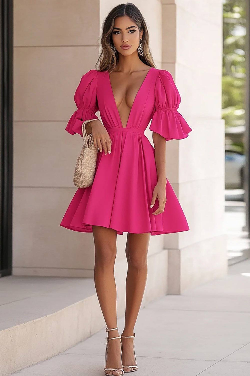 Fuchsia A Line Satin V-Neck Short Cocktail Dress with Ruffles