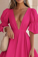 Load image into Gallery viewer, Fuchsia A Line Satin V-Neck Short Cocktail Dress with Ruffles