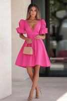 Load image into Gallery viewer, Fuchsia V-Neck Satin Short Cocktail Dress with Ruffles