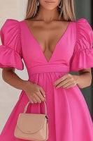 Load image into Gallery viewer, Fuchsia V-Neck Satin Short Cocktail Dress with Ruffles