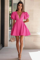 Load image into Gallery viewer, Fuchsia V-Neck Puff Sleeves A Line Short Cocktail Dress