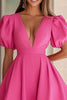 Load image into Gallery viewer, Fuchsia V-Neck Puff Sleeves A Line Short Cocktail Dress