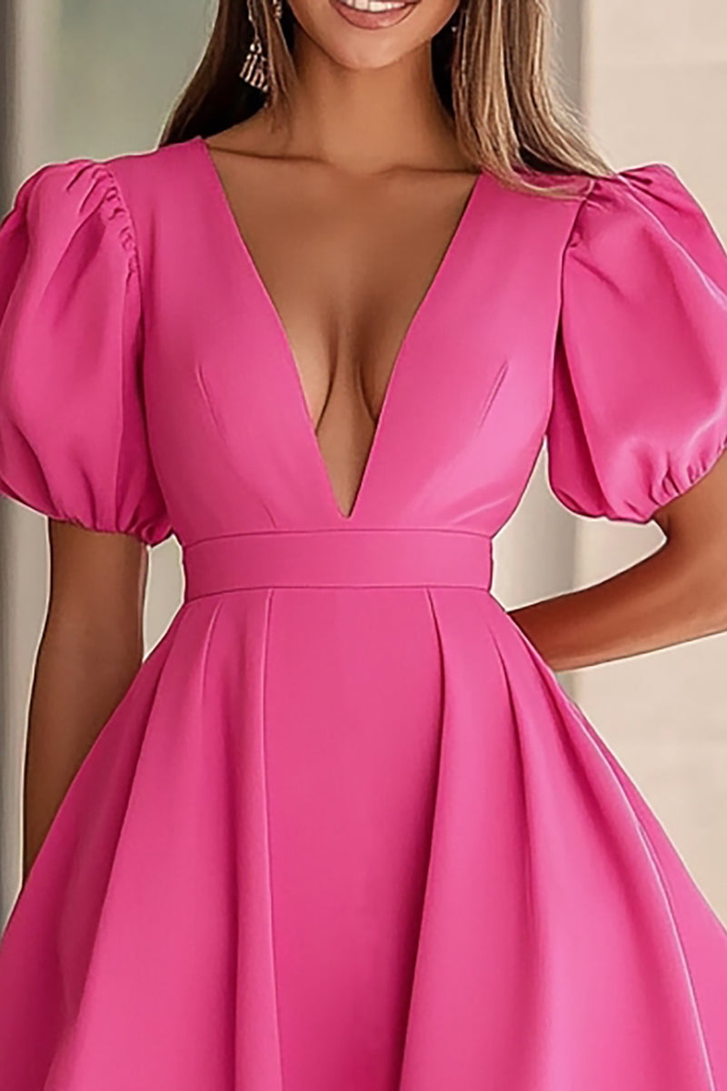 Load image into Gallery viewer, Fuchsia V-Neck Puff Sleeves A Line Short Cocktail Dress