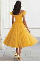 Load image into Gallery viewer, Yellow Tulle A Line Off the Shoulder Formal Dress