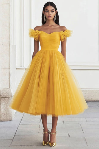 Yellow Tulle A Line Off the Shoulder Formal Dress