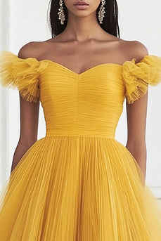Yellow Tulle A Line Off the Shoulder Formal Dress