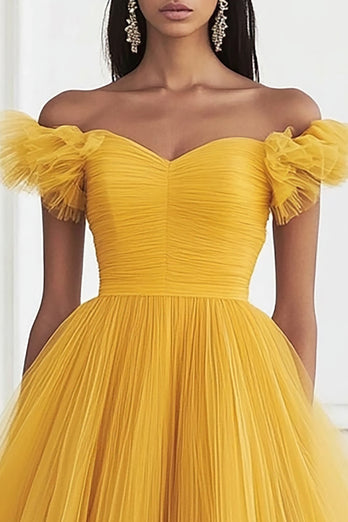 Yellow Tulle A Line Off the Shoulder Formal Dress