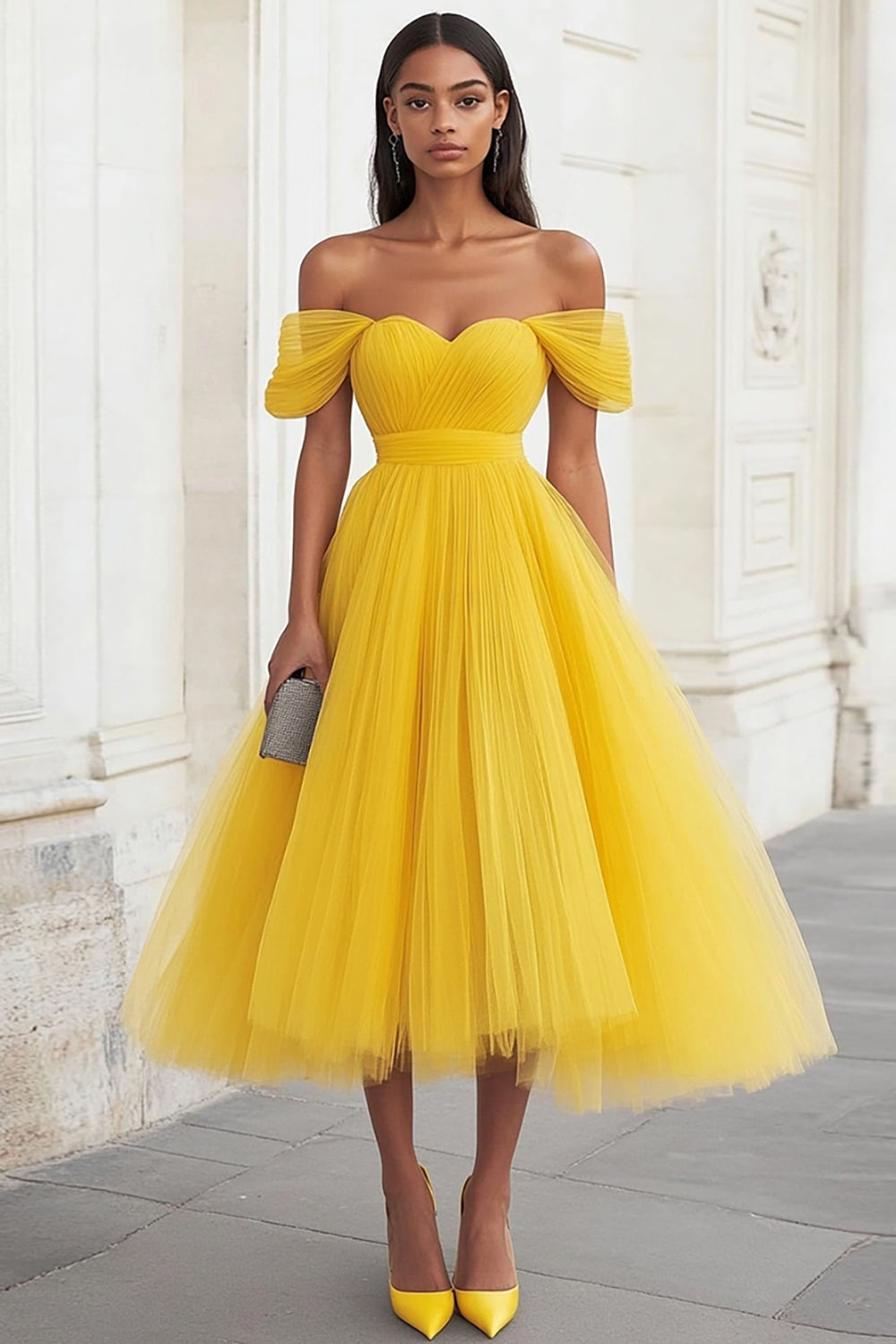 Yellow Tulle Off the Shoulder Long Formal Dress