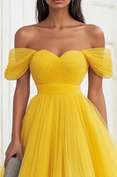 Load image into Gallery viewer, Yellow Tulle Off the Shoulder Long Formal Dress