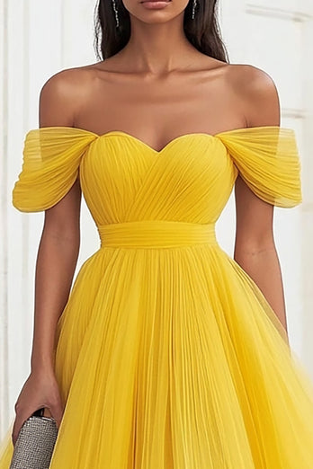 Yellow Tulle Off the Shoulder Long Formal Dress