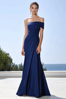 Load image into Gallery viewer, Navy Satin Ruched Mermaid Long Formal Dress