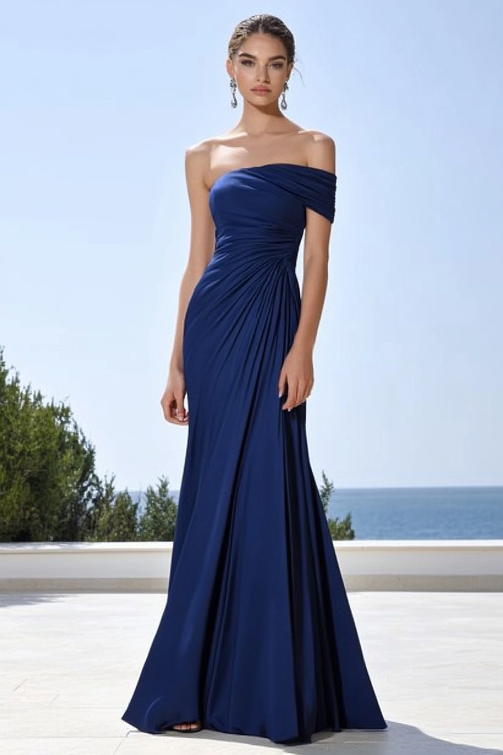 Navy Satin Ruched Mermaid Long Formal Dress