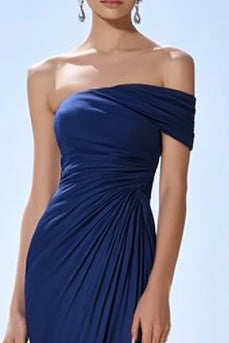 Navy Satin Ruched Mermaid Long Formal Dress