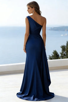 Navy Satin One Shoulder Mermaid Long Formal Dress