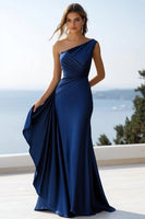 Load image into Gallery viewer, Navy Satin One Shoulder Mermaid Long Formal Dress