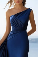 Load image into Gallery viewer, Navy Satin One Shoulder Mermaid Long Formal Dress