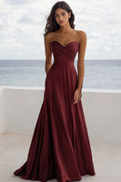 Load image into Gallery viewer, Burgundy A Line Satin Sweetheart Long Formal Dress