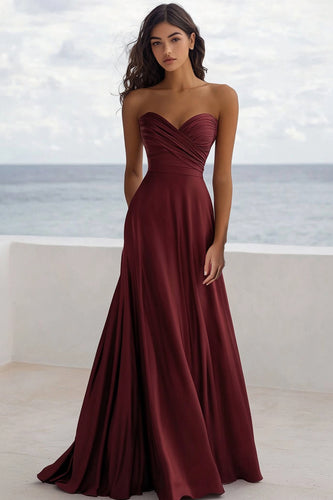 Burgundy A Line Satin Sweetheart Long Formal Dress