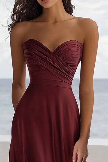 Burgundy A Line Satin Sweetheart Long Formal Dress