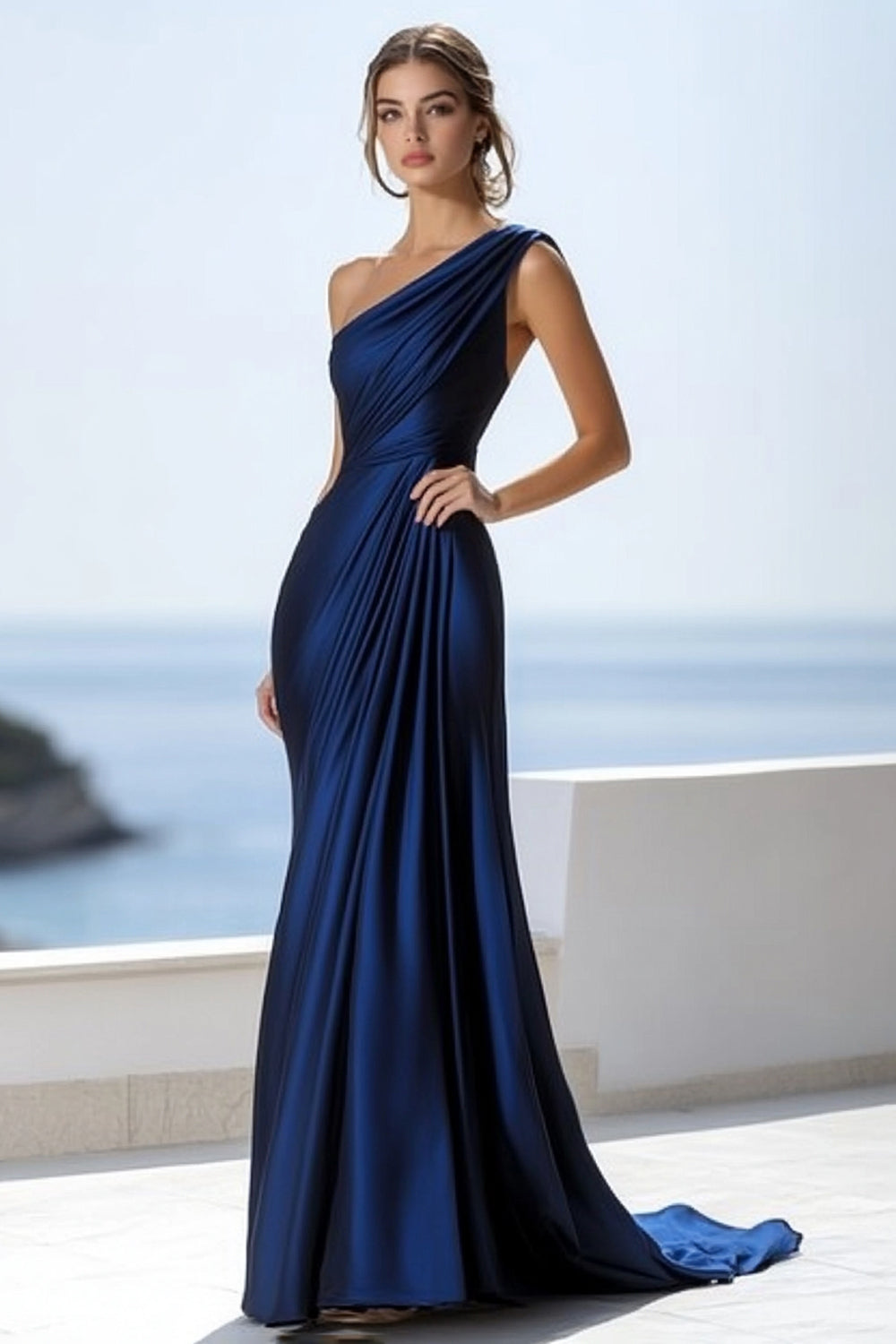 Navy Mermaid Ruched Satin One Shoulder Long Formal Dress