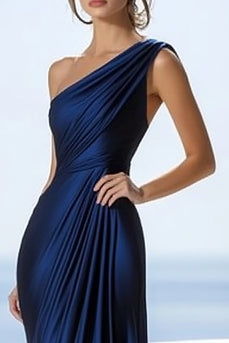 Navy Mermaid Ruched Satin One Shoulder Long Formal Dress