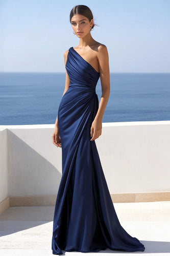 Navy One Shoulder Satin Ruched Mermaid Long Formal Dress