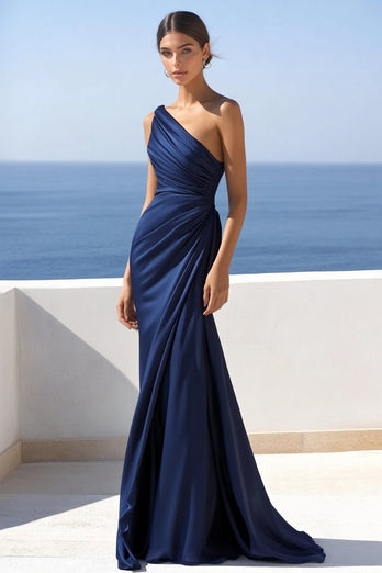 Navy One Shoulder Satin Ruched Mermaid Long Formal Dress