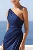 Load image into Gallery viewer, Navy One Shoulder Satin Ruched Mermaid Long Formal Dress