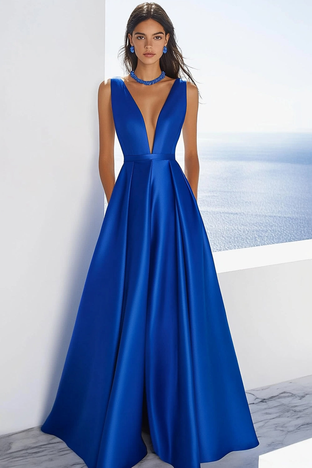 Royal Blue Satin V-Neck A Line Long Formal Dress