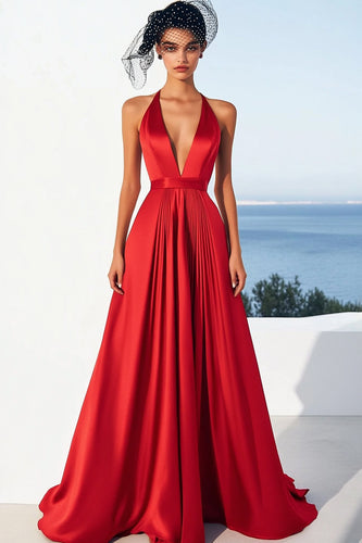 Red A Line Satin Halter Long Formal Dress