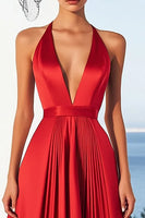 Load image into Gallery viewer, Red A Line Satin Halter Long Formal Dress