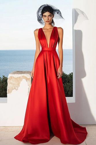 Red Satin A Line Deep V-Neck Long Formal Dress