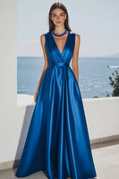 Load image into Gallery viewer, Royal Blue A Line V-Neck Long Satin Formal Dress