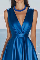 Load image into Gallery viewer, Royal Blue A Line V-Neck Long Satin Formal Dress