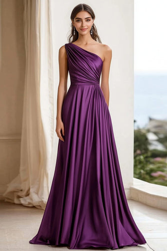 Elegant Plum One Shoulder Ruched Long Satin Formal Dress